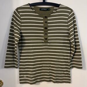 Lauren Ralph Lauren Olive and White Striped Long Sleeve Tee size M